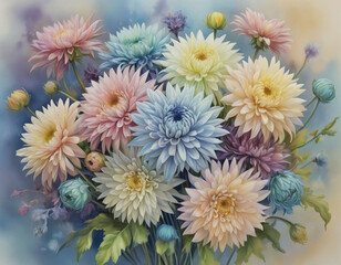 Fototapeta premium A vibrant bouquet of pastel-colored chrysanthemums, meticulously crafted, fills the frame. The soft light and delicate shading enhance the flowers' texture and beauty.