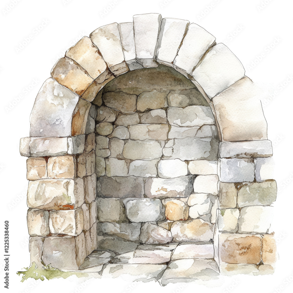 Poster a watercolor painting depicts a detailed view of an ancient stone archway made of various sized and 
