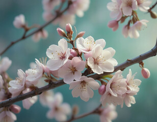 Obraz premium Delicate pink and white blossoms cluster on slender branches against a soft teal backdrop. A gentle springtime scene, showcasing the beauty of nature's ephemeral bloom.
