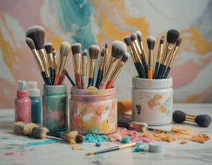 Fototapeta premium A collection of paintbrushes in jars, with paint spills and tubes on a white surface against a colorful background. The scene suggests an artist's workspace or a still life of art supplies.