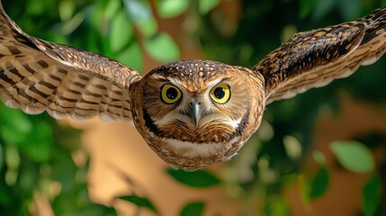 Obraz premium Majestic Owl in Flight with Intense Gaze Surrounded by Greenery