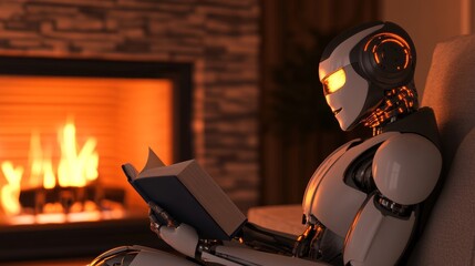 A humanoid robot reading a book by a cozy fireplace in a modern living room setting
