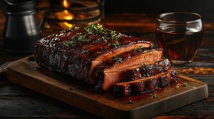 Sliced BBQ brisket, thyme garnish, dark wood board, red drink