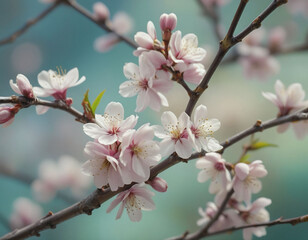 Delicate pink blossoms cluster on slender branches against a soft teal background.  A gentle springtime scene, showcasing the beauty of nature's ephemeral bloom.