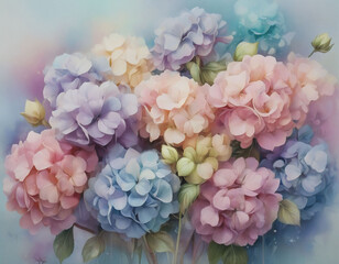 Obraz premium A lush bouquet of pastel hydrangeas, delicately rendered with soft focus and a dreamy, romantic ambiance. The blooms are various shades of pink, blue, and lavender.
