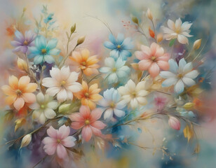 Fototapeta premium A pastel-colored floral painting showcases a profusion of blossoms in soft hues of pink, blue, and white. The flowers are rendered with delicate brushstrokes, creating a dreamy, romantic atmosphere. 