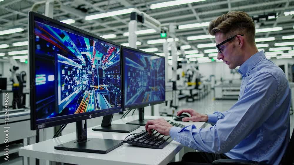 Poster expert engineer working on advanced technological systems in a modern industrial environment