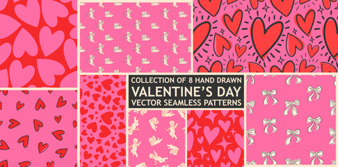 Love heart and cupids seamless pattern illustration set. Cute romantic pink hearts background print collection. Valentine's day holiday backdrop texture, hand drawn romantic design.