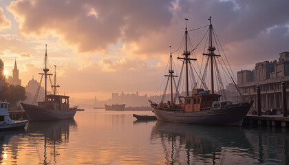 Fototapeta premium Serene harbor scene with docked ships at sunset, tranquil beauty
