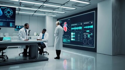 Medical professionals collaborate in advanced research lab with high-tech equipment in a modern facility