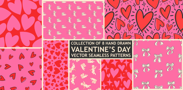 Love heart and cupids seamless pattern illustration set. Cute romantic pink hearts background print collection. Valentine's day holiday backdrop texture, hand drawn romantic design.