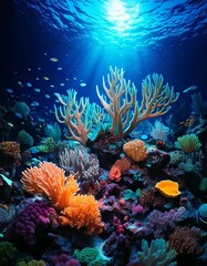 Fototapeta premium coral reef filled with luminous sea creatures.- 