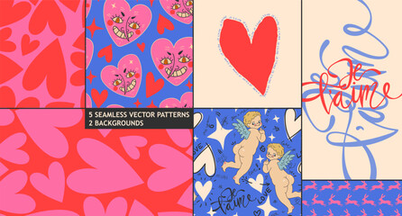Love heart seamless pattern illustration set. Cute romantic hearts background print. Valentine's day holiday backdrop texture, romantic funny design.