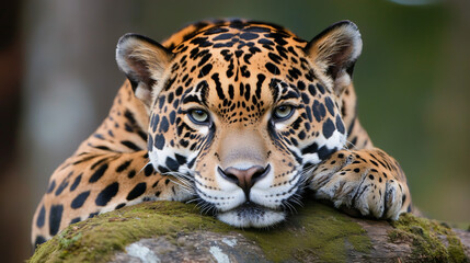 Obraz premium A close up of jaguar resting on a moss-covered rock in rainforest its golden fur covered in black rosettes and its piercing eyes alert