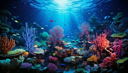 Naklejka premium coral reef filled with luminous sea creatures.- 