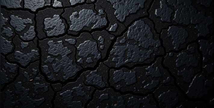 A detailed close-up of rough asphalt texture showcasing deep cracks and crevices. The dark gray surface has visible stones and gravel, giving it a rugged, industrial look. The texture is ric