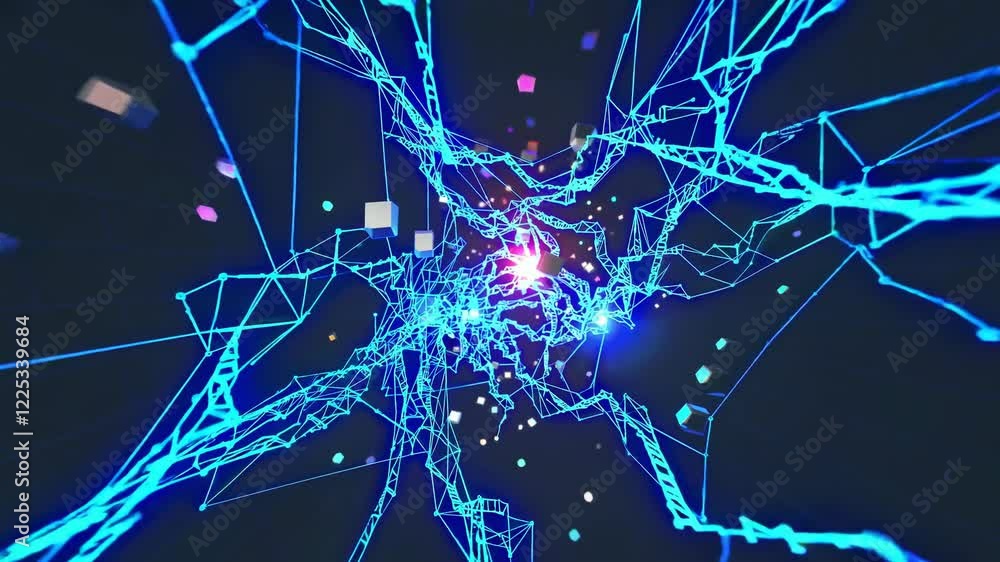 Poster exploring virtual reality through dynamic visual patterns and energy waves in a futuristic digital l