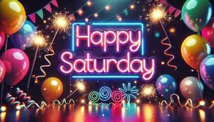 Happy Saturday Neon Light Sign With Party Decorations