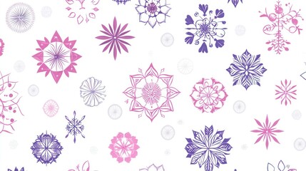 Seamless pattern, simple vector line art, symmetrical design, white background with purple and pink accents, simple shapes of flowers and snowflakes, cute.
