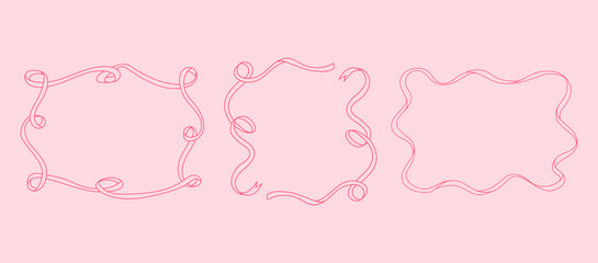 Set of 3 Trendy frame with bow and ribbons. Hand Drawn pink coquette borders for wedding invitation. Whimsical frames for birthday card, menu design and holiday graphic decoration.