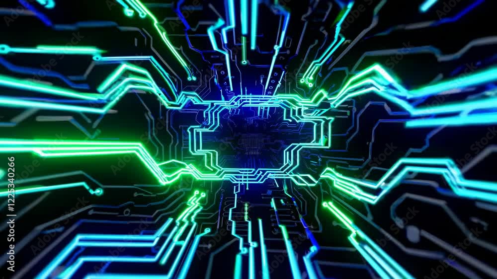 Poster exploring the vibrant world of circuitry through dynamic light patterns in a futuristic space
