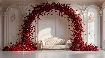 Elegant Romantic Wedding Archway with Red Roses and White Sofa