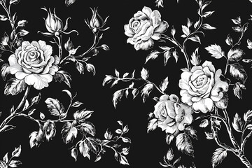 Elegant black and white floral pattern featuring roses and leaves, ideal for textile or wallpaper design