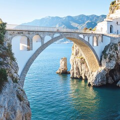 Stone arch bridge over blue sea with mountains in the background on a bright sunny day