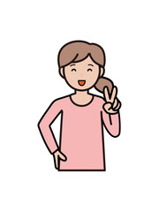 笑顔でピースをする若い女性の上半身イラスト