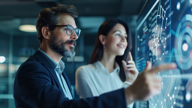 Two business professionals engaged in a discussion while analyzing data on a futuristic touchscreen interface in a modern office, representing innovation, strategy, and collaboration.