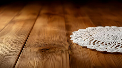 A delicate white doily on a rustic wooden table, creating a cozy and inviting atmosphere.