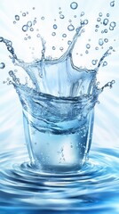 Refreshing Splash of Clear Water in a Glass with Droplets in Motion