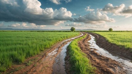 Fototapeta premium winding dirt road cuts through vibrant green fields under a dramatic cloudy sky. The peaceful rural landscape symbolizes simplicity, freedom, and the beauty of nature’s open spaces