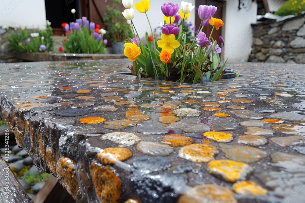Poster a close-up of a textured stone surface with colorful flowers sprouting from a central planter, surro