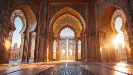 Fototapeta premium opulent Islamic architectural masterpiece with intricate geometric patterns, golden arches, and sunlight streaming through the ornate doors, evoking a sense of history, culture, and spirituality