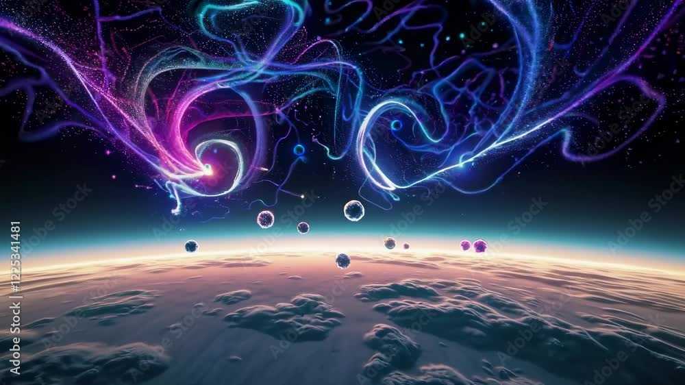 Poster exploring vibrant cosmic patterns in the universe while observing planets and particles from space