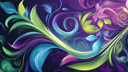 Vector art, vector illustration with a purple background, swirling lines and curves in shades of blue, green, violet, and pink, colorful, abstract foliage and flora