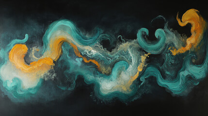 A fluid art composition with dramatic spirals of soft pastel blues, warm yellows, and charcoal greys