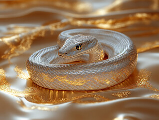 Fototapeta premium close-up view of a snake's head and part of its body against a golden background. The snake has a shiny, metallic appearance with scales that reflect light, giving it a striking and glowing effect.