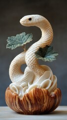 Fototapeta premium A Stunning, Intricately Carved Sculpture Of A Snake Coiled Around Leaves, Resting On A Wooden Base. The Light Beige Snake Contrasts Beautifully With 