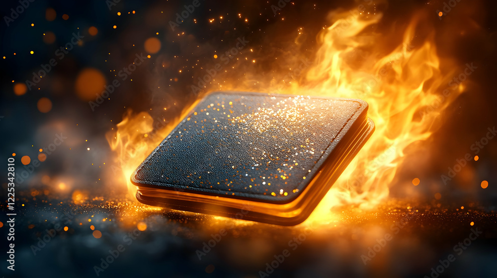 Poster a dynamic digital image of a glowing wallet engulfed in vibrant flames, representing innovation and 