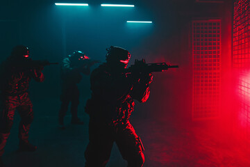 strategic laser tag match showing illuminated players, dark gaming environment