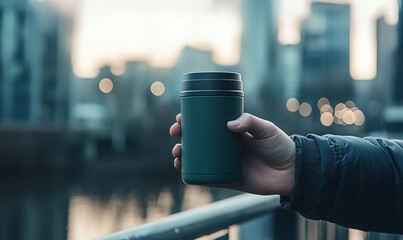 Morning coffee enjoyment urban riverwalk lifestyle photography cityscape close-up serenity in motion