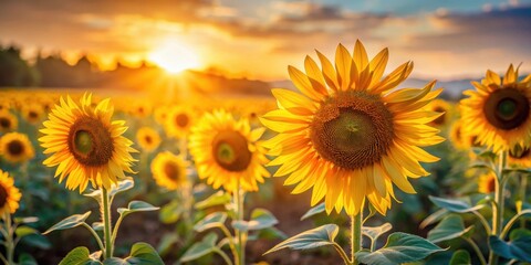 Obraz premium beautiful golden sunflowers backlit by morning sun, backlit sunflowers