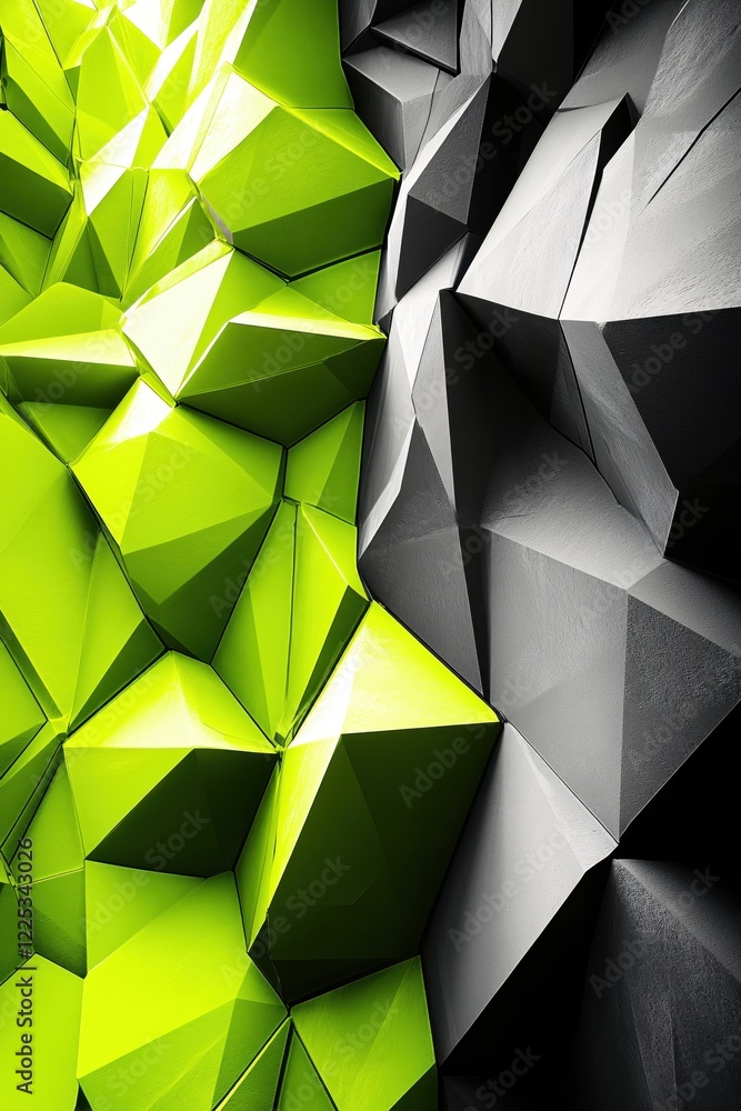 Poster abstract geometric design with sharp edges in contrasting green and gray tones for modern art
