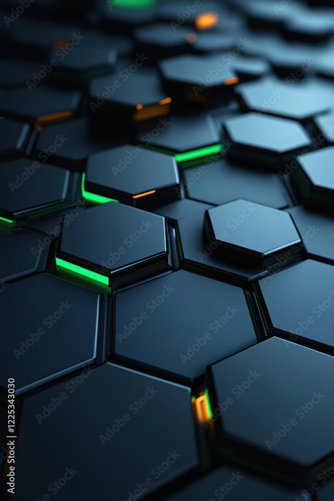 Poster Dark matte hexagonal tiles with glowing green and orange edges creating a futuristic pattern