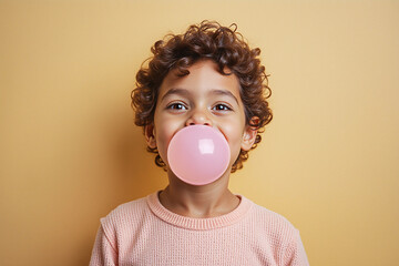 Happy child with curly hair blowing bubble from chewing gum on beige background