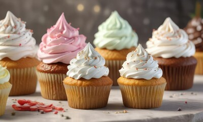 Display of various flavored cupcakes with fluffy whipped topping, assorted, variety, treats, confections, sweets