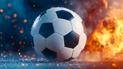 Naklejka premium A dynamic soccer ball in motion surrounded by fire and smoke, capturing the intensity of the game.