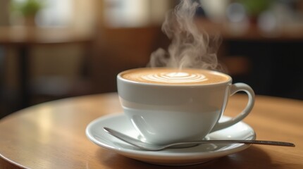 Steam rising from a white cup of hot coffee with a spoon on a saucer over a wooden table in the cafe